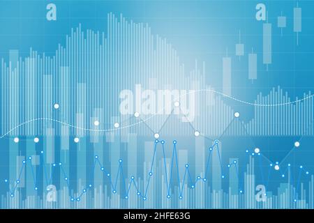 Graphique de la finance créative sur fond bleu avec colonnes, lignes, bougeoirs.Marché boursier et concept d'investissement.2D rendu Banque D'Images