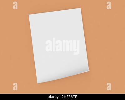 Feuille incurvée de papier A4 sur fond orange.3d rendu de l'illustration. Banque D'Images