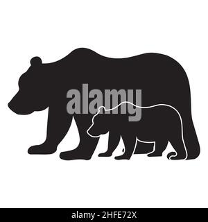 Animal sauvage Big Bear avec un petit ours cub, icône de silhouette noire isolée. Illustration de Vecteur