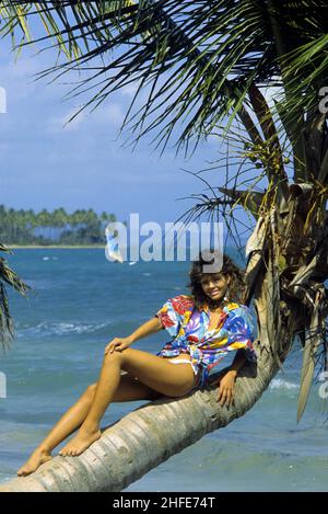 cheveux sombres jolie beauté couché sur le palmier prenant le soleil vue tropicale ciel bleu et mer fond tourto rico regardant l'appareil photo avant Banque D'Images