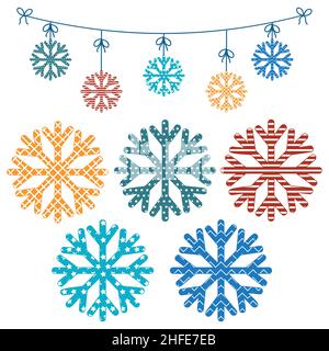 Ensemble de flocons de neige et une guirlande de flocons de neige, illustration de vecteur de couleur. Illustration de Vecteur