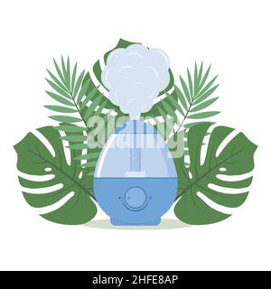 humidificateur sur le fond des feuilles tropicales, illustration vectorielle isolée par couleur. Illustration de Vecteur