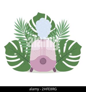 humidificateur sur le fond des feuilles tropicales, illustration vectorielle isolée par couleur. Illustration de Vecteur