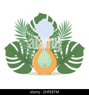 humidificateur sur le fond des feuilles tropicales, illustration vectorielle isolée par couleur. Illustration de Vecteur