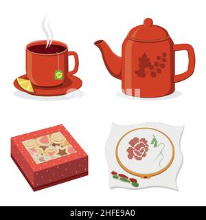 Tasse de cérémonie du thé, théière et boîte à biscuits, illustration isolée à vecteur de couleur. Illustration de Vecteur