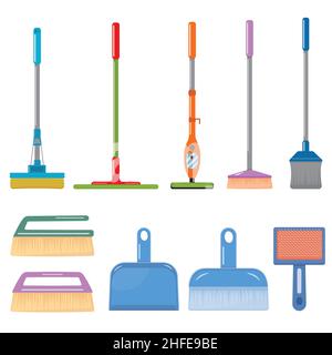 Un ensemble d'accessoires pour nettoyer la maison, des brosses, des balais, une pelle à poussière, une illustration vectorielle à couleur isolée. Illustration de Vecteur