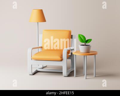 Intérieur avec fauteuil, lampadaire, petite table et plante sur le sol.Illustration simple du rendu 3D.Objets isolés sur fond pastel Banque D'Images