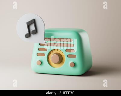 Radio simple avec icône de note sur l'étage 3D rendu illustration.Objet isolé sur fond pastel Banque D'Images