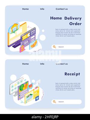 Achetez de la nourriture en ligne et la livraison des repas.Payez vos repas en ligne et recevez un reçu.Modèle de conception de site Web Vector.Page d'accueil concept de site Web isométrique Illustration de Vecteur