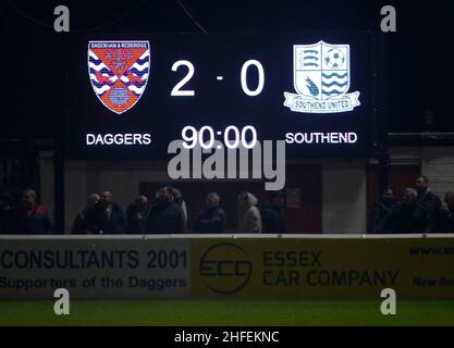 DAGENHAM, ANGLETERRE - JANVIER 15: Tableau de bord montrer le score final dans le derby gamedoring FA Trophy quatrième tour entre Dagenham et Redbridge et Sou Banque D'Images