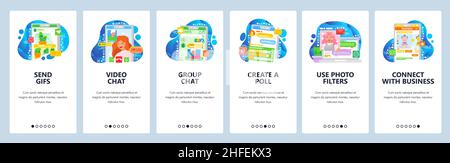 Appel vidéo et messagerie.Envoyez des GIF, des messages, des autocollants.Discussion en ligne de groupe.Écrans d'intégration.Modèle de bannière vectorielle pour le site Web Illustration de Vecteur