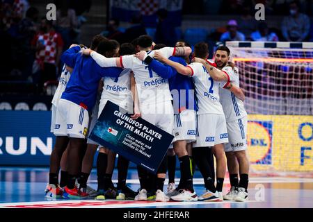 Szeged, Hongrie, 15th janvier 2022.Les joueurs de France célèbrent la victoire lors du championnat d'Europe EHF Men 2022 match entre la France et l'Ukraine à Szeged, Hongrie.15 janvier 2022.Crédit : Nikola Krstic/Alay Banque D'Images