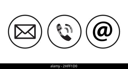 Icônes de contact dans un cercle sur fond blanc.Rétro téléphone, mail et at symbole signes de contact simples dans le style plat.Illustration vectorielle.EPS 10 vec Illustration de Vecteur