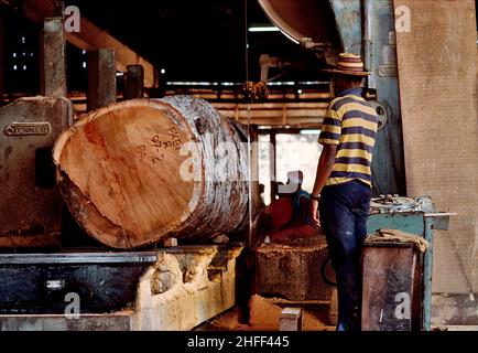 Scierie trancheuse une grosse bûche avec une scie à courroie dans une scierie près d'Accra, Ghana, Afrique de l'Ouest. Banque D'Images