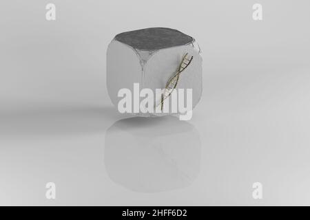 Icône ADN.Symbole ADN doré jaune sur cube en pierre et fond blanc.3d illustration du rendu.Motif d'arrière-plan pour la conception. Banque D'Images