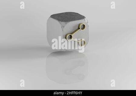 Icône Share. Symbole Golden Share jaune sur cube en pierre et fond blanc.3d illustration du rendu.Motif d'arrière-plan pour la conception. Banque D'Images