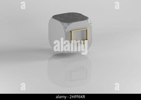 Icône Commentaires. Jaune Golden symbole Commentaires sur cube de pierre et fond blanc.3d illustration du rendu.Motif d'arrière-plan pour la conception. Banque D'Images