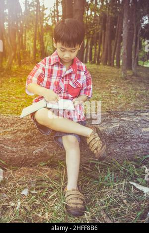 Enfant utilisez le stylo pour écrire sur le livre dans le parc.À l'extérieur, en journée, en plein soleil.Les enfants lisent et étudient, concept d'éducation.Tonalité chaude et vin Banque D'Images