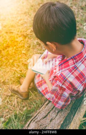 Vue arrière.Enfant utilisez le stylo pour écrire sur le livre dans le parc.À l'extérieur, en journée, en plein soleil.Les enfants lisent et étudient, concept d'éducation.Chaud t Banque D'Images