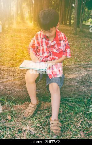 Enfant utilisez le stylo pour écrire sur le livre dans le parc.À l'extérieur, en journée, en plein soleil.Les enfants lisent et étudient, concept d'éducation.Tonalité chaude et vin Banque D'Images