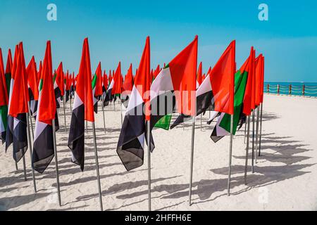 Drapeaux des Émirats arabes Unis agitant dans le vent sur une plage de cerfs-volants à Dubaï. Banque D'Images
