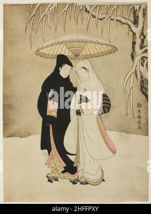 Amoureux sous un parapluie dans la neige, c.1767. Banque D'Images