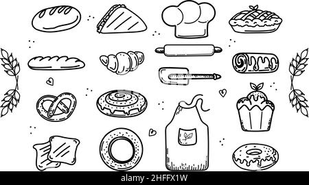 Ensemble d'éléments isolés dessinés à la main.Produits à base de pain, produits à base de pâte et vêtements de chef.Épis de blé.Icônes : baguette, croissant, tarte, bretzel, pain,roulis Illustration de Vecteur