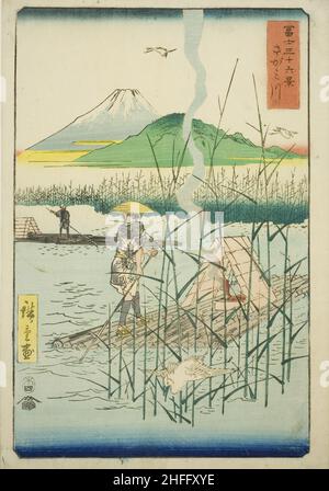 Fleuve Sagami (Sagamigawa), de la série "trente-six vues du Mont Fuji (Fuji sanjurokkei)", 1858. Banque D'Images