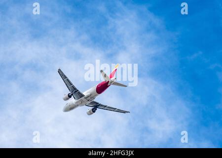 Madrid, Espagne - 8 janvier 2022: Airbus A319-111 avion de la compagnie aérienne Iberia vol après décollage contre le ciel. Banque D'Images