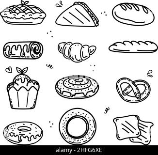 Croquis de pain et articles boulanger.Sac de farine Vector isolé avec pâte, bagel de pain de blé ou pain grillé et pain croissant ou pain de seigle et baguette de ciabatta. Illustration de Vecteur