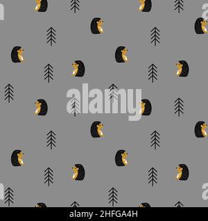 Motif sans couture avec hérisson et sapin.Adorable animal boisé sur fond gris.Illustration vectorielle. Illustration de Vecteur