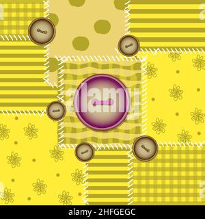 Motif patchwork sans couture.Boutons, fleurs, carreaux, crochet et pois.Décorations de couleurs vives.Illustration vectorielle de style plat. Illustration de Vecteur