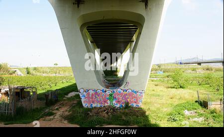 Piliers ou colonnes d'appui d'un pont ferroviaire au-dessus de la rivière Llobregat dans le Delta del Llobregat, Sant Boi de Llobregat, Barcelone, Catalunya Banque D'Images