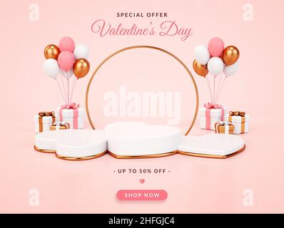 Bannière d'offre spéciale de la Saint-Valentin avec trois plate-forme de podium en forme de coeur en 3D.Socle rose et or pour l'affichage des produits et la remise f Banque D'Images