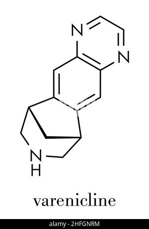 Molécule de médicament pour arrêter le tabagisme de la varénicline.Formule squelettique. Illustration de Vecteur