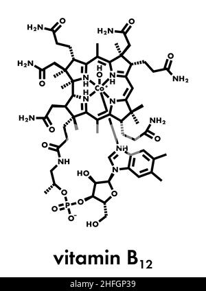 Molécule de vitamine B 12 hydroxocobalamine. Souvent donnée thérapeutique en cas de carence en 12. Formule du squelette. Illustration de Vecteur