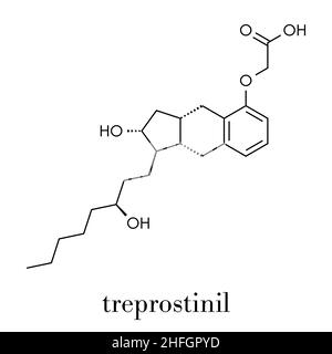 Molécule de médicament d'hypertension artérielle pulmonaire de Treprostinil.Analogue synthétique de la prostacycline (PGI2).Formule squelettique. Illustration de Vecteur