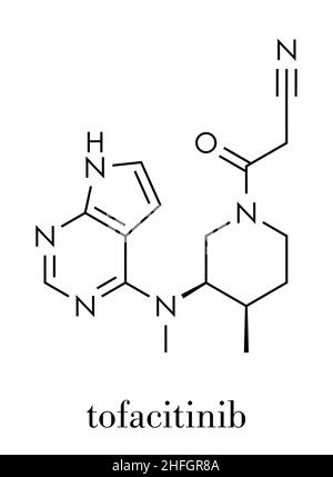 Molécule de médicament de polyarthrite rhumatoïde de tofacitinib.Inhibiteur de Janus kinase 3 (JAK3).Formule squelettique. Illustration de Vecteur