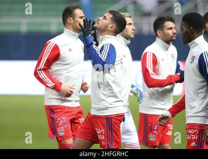 Bruno Guimaraes of Lyon during the French championship Ligue 1 football match between ESTAC Troyes and Olympique Lyonnais (Lyon) on January 16, 2022 at Stade de L'Aube in Troyes, France - Photo Jean Catuffe / DPPI Stock Photo