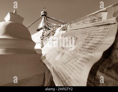 Boudha, bodhnath ou Boudhanath stupa avec drapeaux de prière, sépia coloré, la plus grande stupa bouddhiste dans la ville de Katmandou, le bouddhisme au Népal Banque D'Images