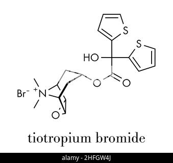 Bromure de tiotropium molécule médicamenteuse de la maladie pulmonaire obstructive chronique (MPOC).Formule squelettique. Illustration de Vecteur