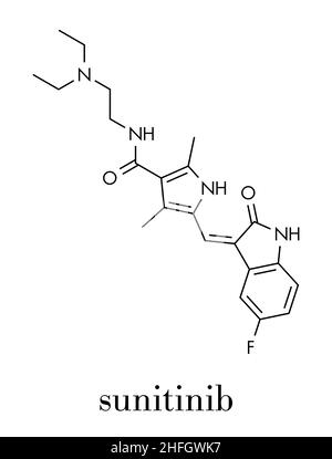 Molécule de médicament contre le cancer du sunitinib.Formule squelettique. Illustration de Vecteur