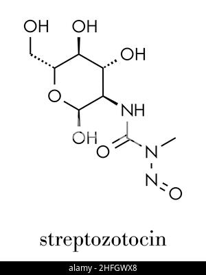 Molécule de médicament contre le cancer de la streptozotocine.Utilisé dans le traitement du cancer métastatique des cellules des îlots pancréatiques.Formule squelettique. Illustration de Vecteur