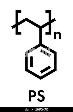 Le polystyrène (PS) plastique, structure chimique. Utilisé dans les matériaux isolants, jouets, emballages, contenants alimentaires, etc. formule topologique. Illustration de Vecteur