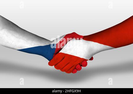 Poignée de main entre l'argentine et la république tchèque drapeaux peints sur les mains, illustration avec passe-cheveux. Banque D'Images