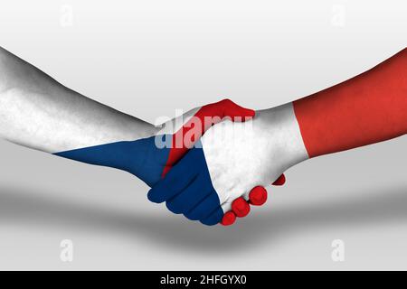 Poignée de main entre l'Union européenne et la république tchèque drapeaux peints sur les mains, illustration avec passe-cheveux. Banque D'Images