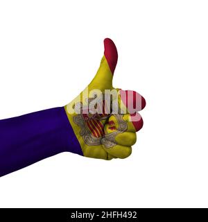 Signe de fabrication des pouces vers le haut, andorre peint avec le drapeau comme symbole des pouces vers le haut, comme, OK, positif - isolé sur fond blanc Banque D'Images