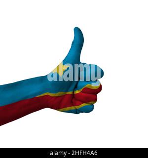 Main making pouces vers le haut signe, République démocratique du congo peint avec le drapeau comme symbole de pouces vers le haut, comme, d'accord, positif - isolé sur le backgroun blanc Banque D'Images