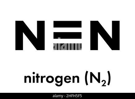 Molécule d'azote élémentaire (N 2). L'azote gazeux est la composante principale de l'atmosphère terrestre. Formule du squelette. Illustration de Vecteur
