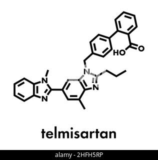 Molécule de médicament d'hypertension de telmisartan.Utilisé pour traiter l'hypertension.Formule squelettique. Illustration de Vecteur